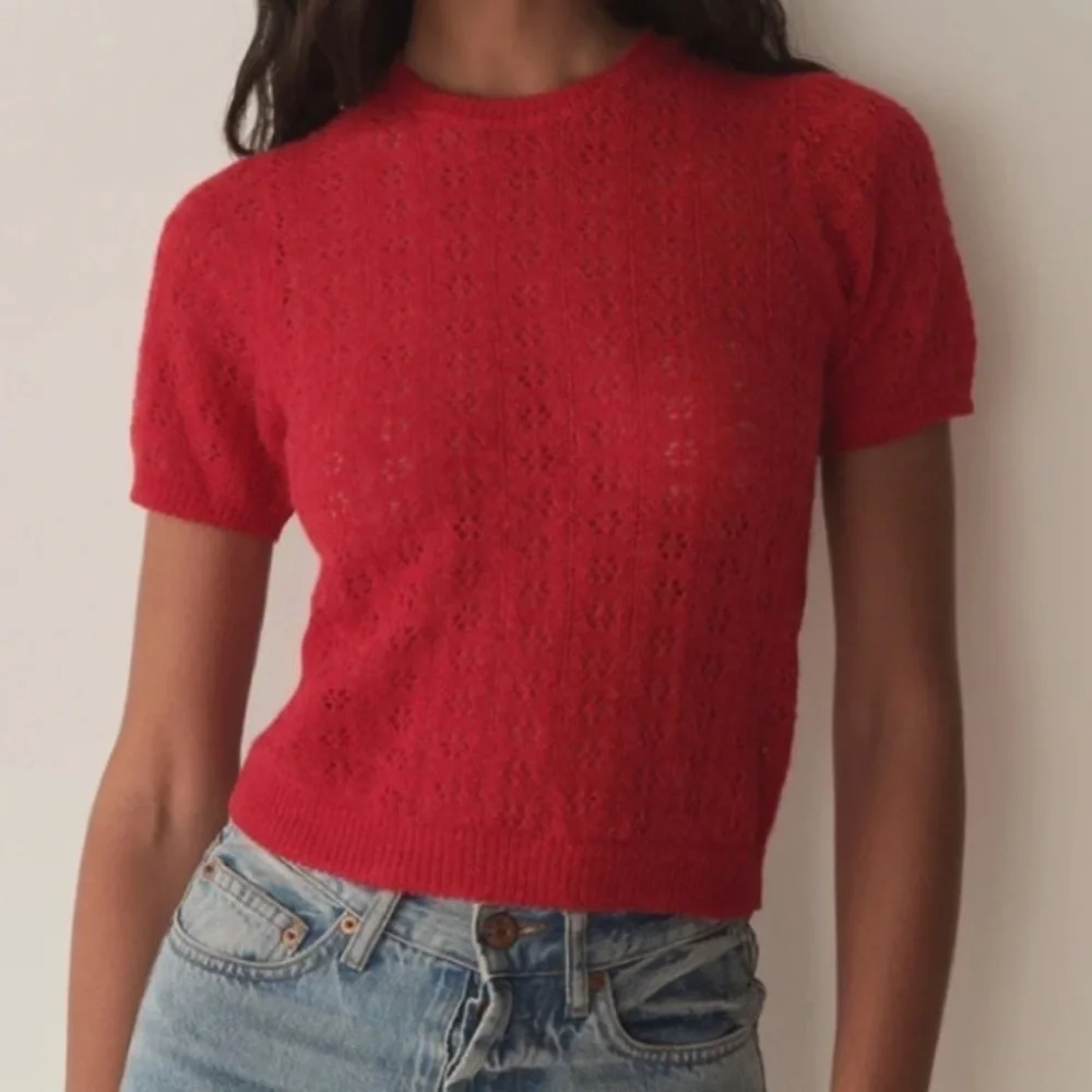 Doen Monica Alpaca Wool Pointelle Short Sleeeve Crew Neck Sweater Top Cherry Red